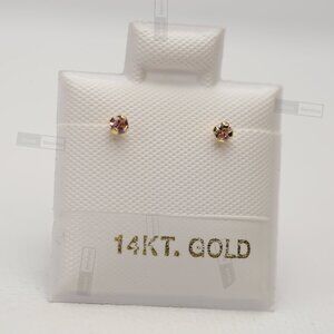 14K Solid Gold Pink CZ Stud Earrings • 2 mm Delicate Gift For Girls & Teens.